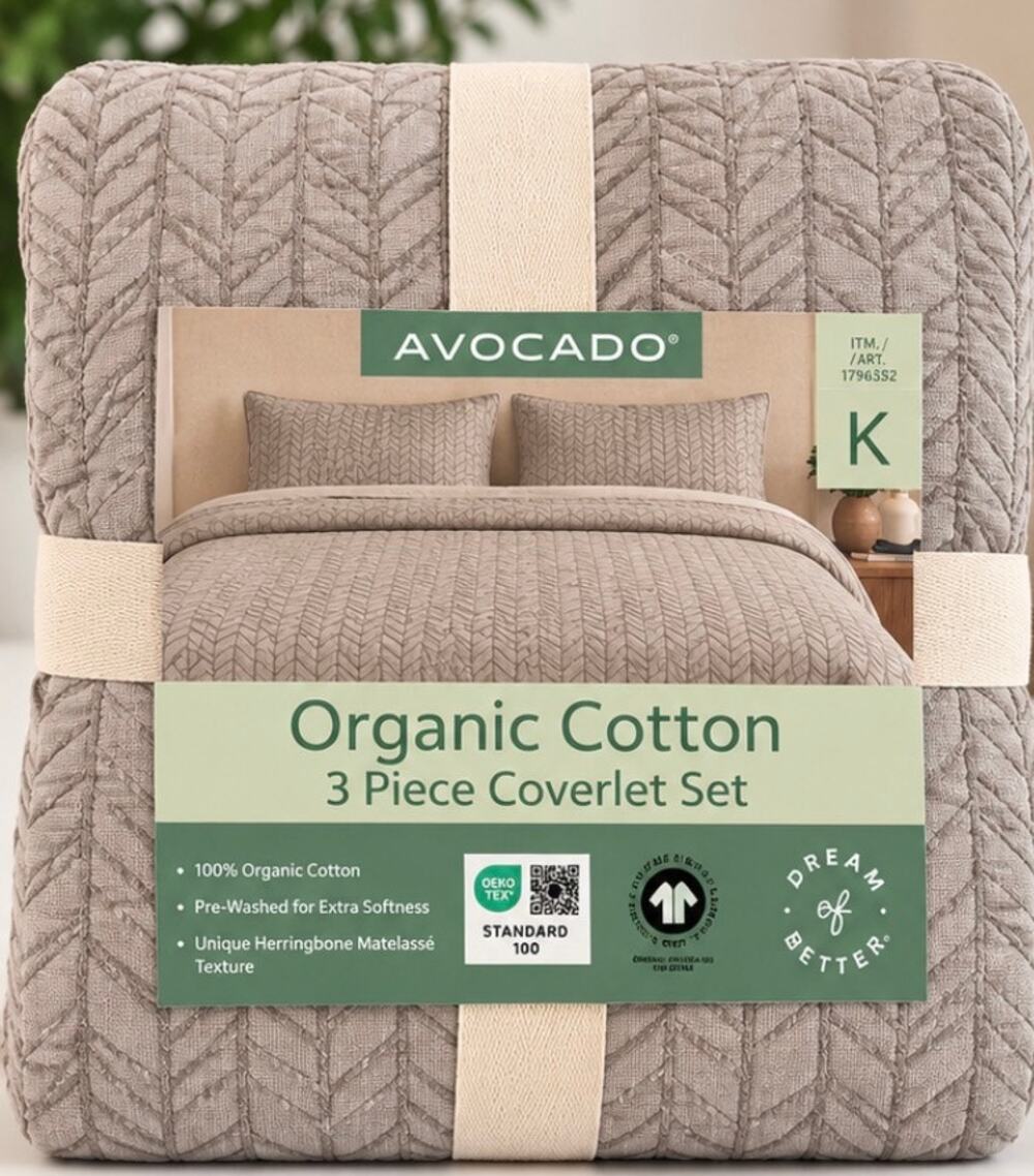 Avocado Organic Cotton 3-Piece King Coverlet Set – Neutral Herringbone – New